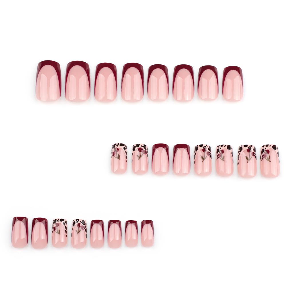 24pcs New Year Winter French Red Wearing Armor Leopard Print Cherry Wearing Manicure Press On Nails Fake Nails