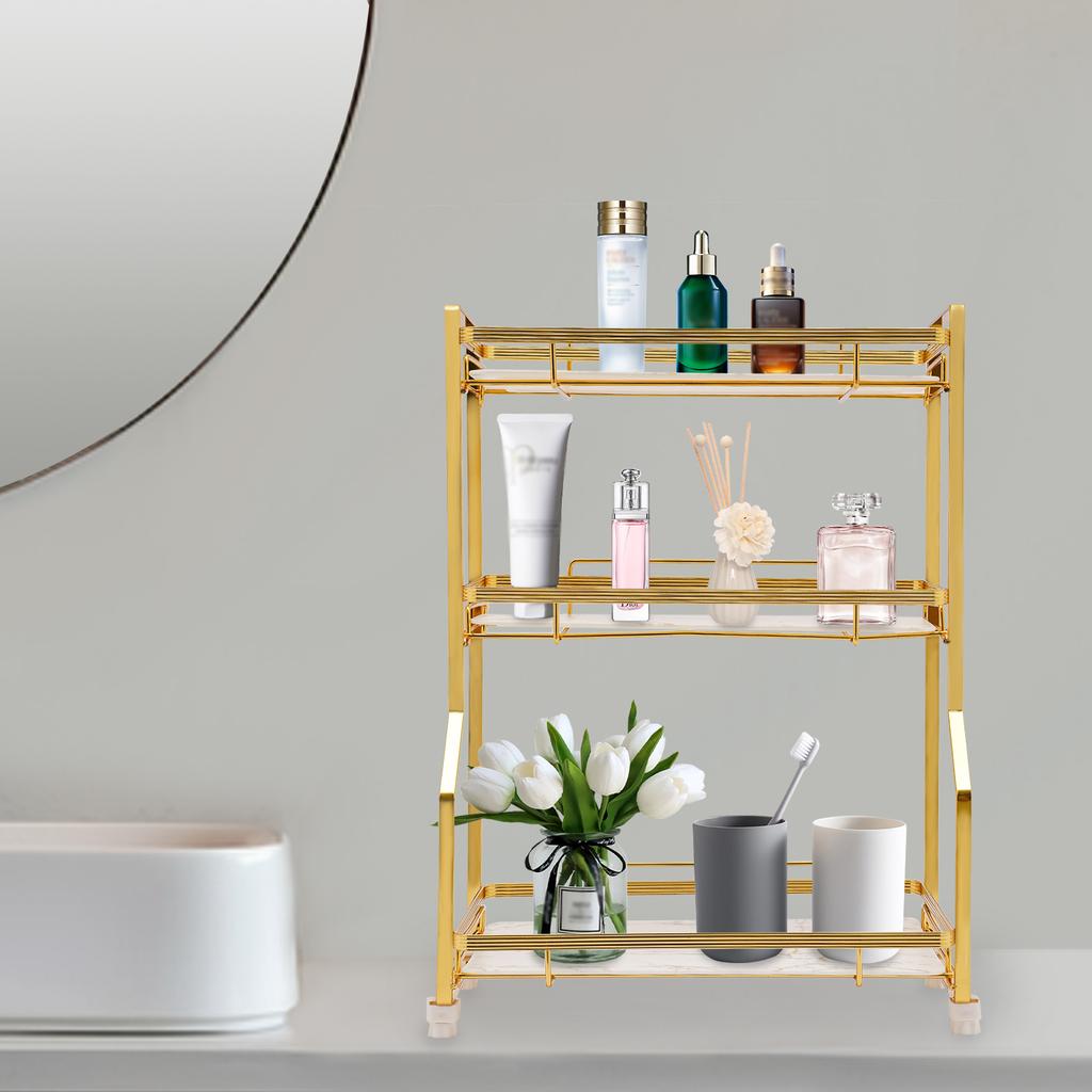 3-layer Bathroom Skincare Shelf, White Gold Countertop Storage W/ Railing,Desktop Bookshelf for Bedrooms, Living Rooms & Offices