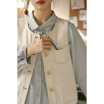 Spring Literary and Retro White Washed Cotton Vest Top, Women's Stacked Vest Cardigan