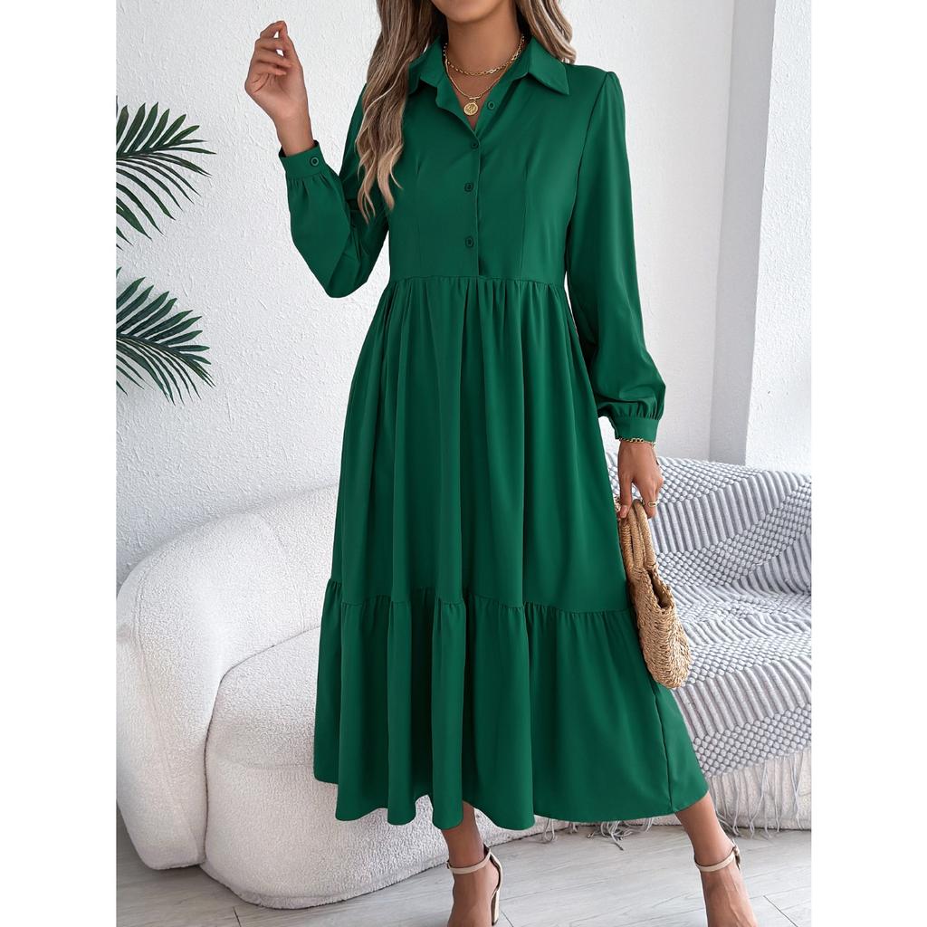 GMXIA Autumn and Winter Lapel Casual Loose Long-sleeved Ruffled Shirt Dress for Women