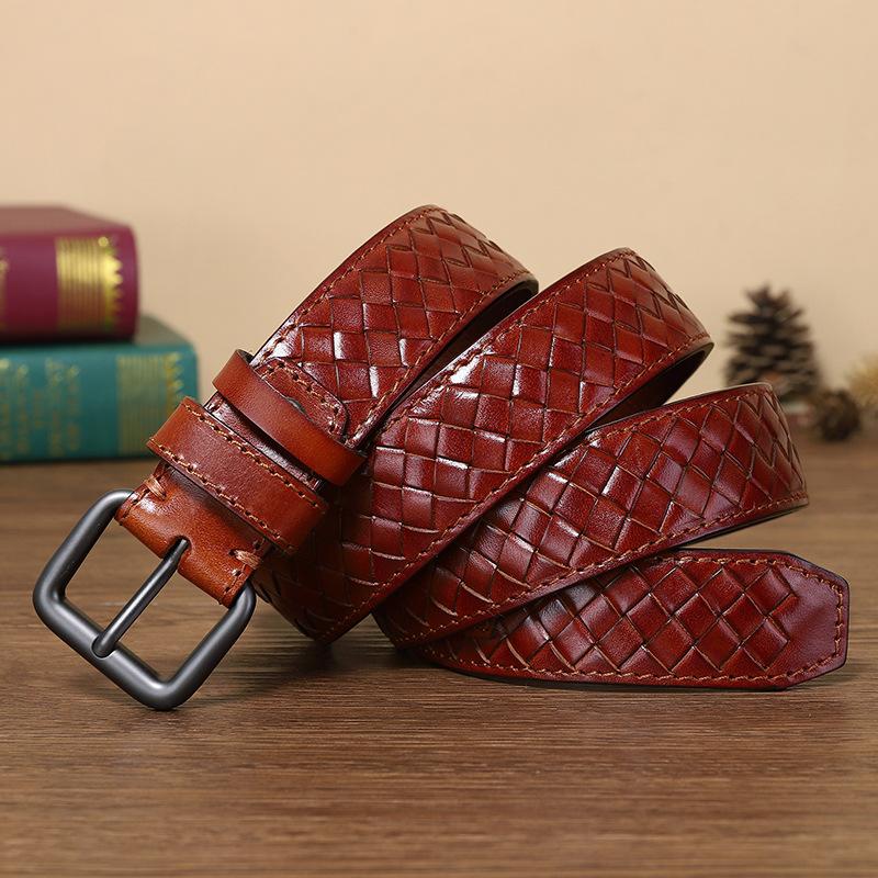 Genuine Belt Young Men'S Leather Woven Pin Buckle Belt First Layer Cowhide Handmade Woven Couple Versatile Belt