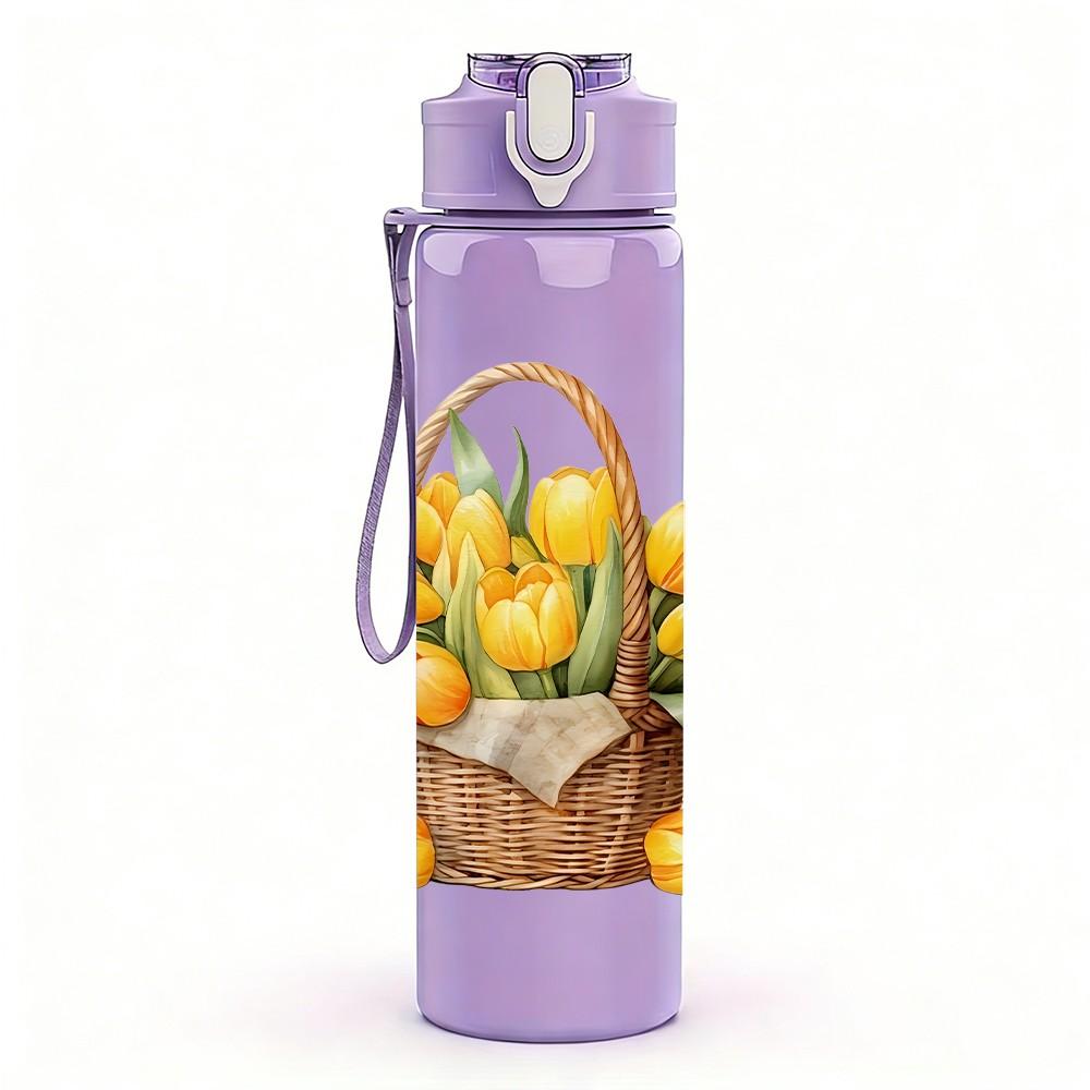1PC Flower Basket Vintage Watercolor Pattern 750ml Color Plastic Sports Water Bottle Leakproof Flip Straw Lid Suitable for Sports Office Home Use