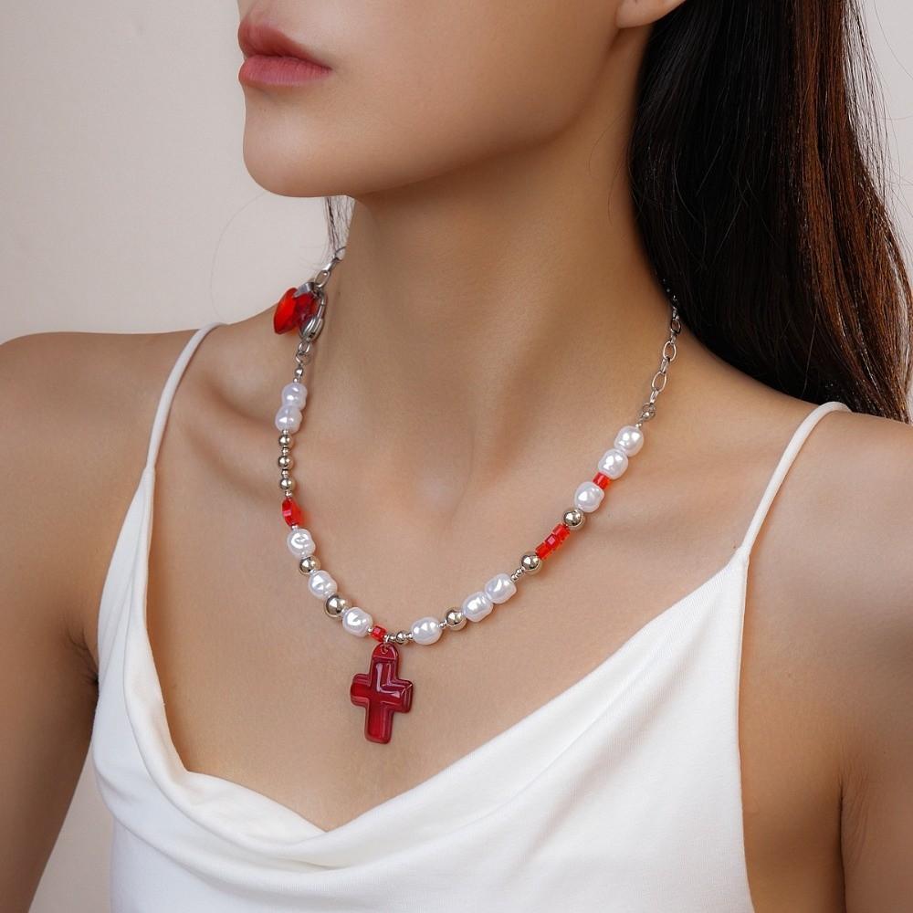 Rhinestone Cross Necklace Love Heart Crystal Cross Pendant Streetwear Cross Choker Chain Party