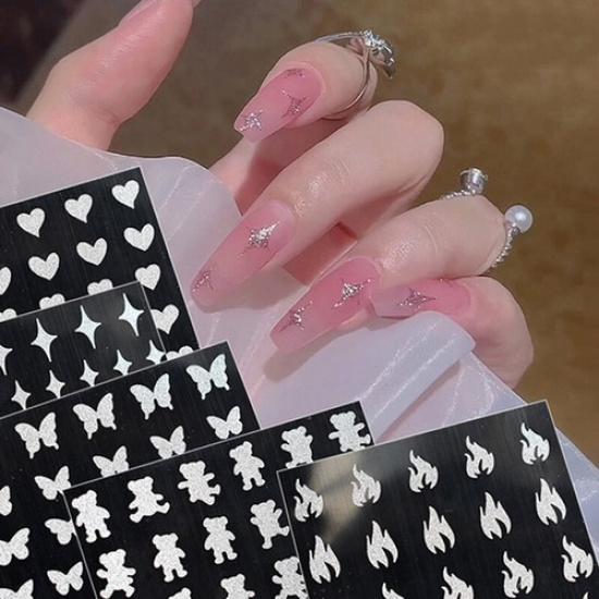 3D Nail Stickers Silver Glitter Nail Decoration Star Heart Transfer Nail Decals^