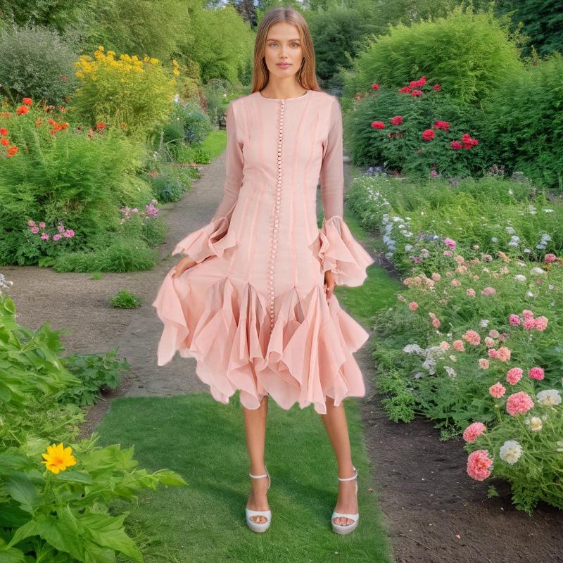 2025 Summer Women's Ruffle Design Waist-Slimming Flared Sleeve Dress
