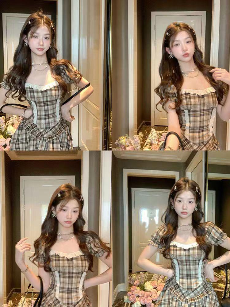 Letní kostkovaný retro oblek 2024: Elegantní košile s krátkým rukávem a volánová nadýchaná sukně pro ženy