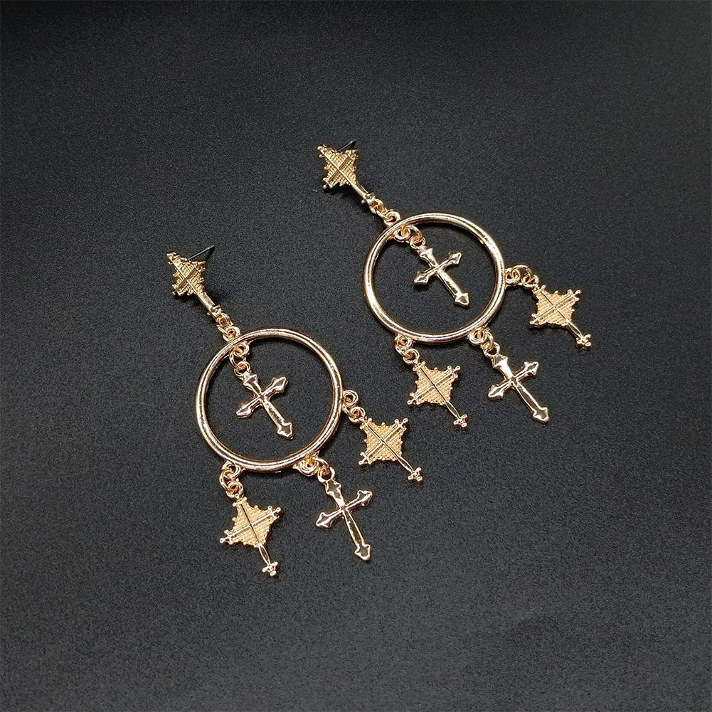 Women Metal Cross Design Earrings Long Alloy Engraved Delicate Earrings