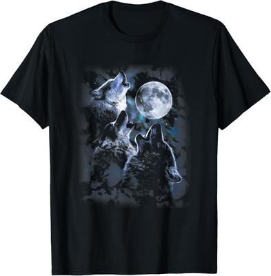 Three Wolves Howling Moon Graphic Tee Men Casual Short Sleeve Crew Neck T-Shirt Breathable Trip Wear