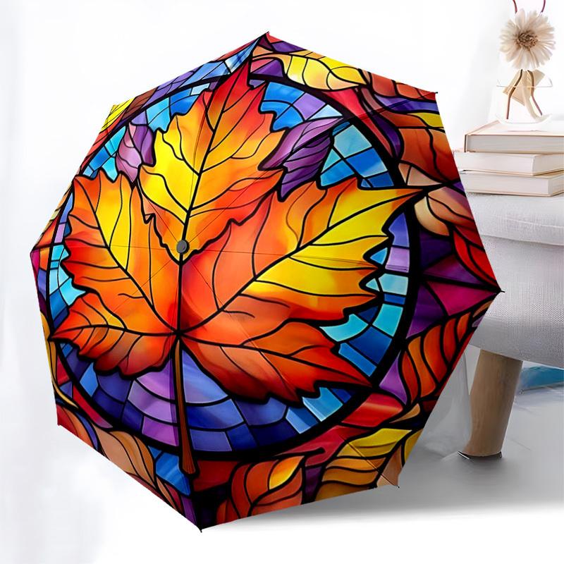 

1pc Autumn Leaf Stained Glass Auto-Folding Umbrella - Portable 3-Fold Design with 8-Bone Iron Frame, Outdoor for Fans, Travelers & Daily Use - Perfect