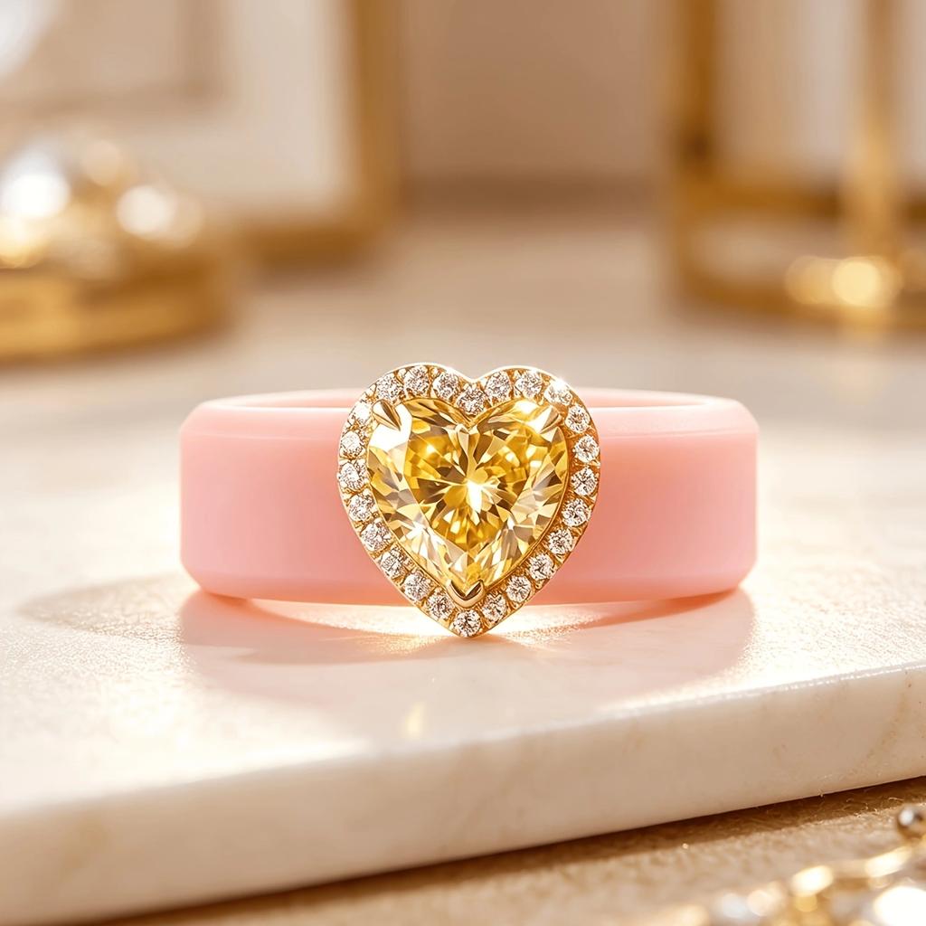 Cute  Heart Yellow CZ Silicone Comfort Ring, Sparkling Surround CZ Romantic Statement Jewelry for Women Daily