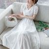 Summer New Pure Cotton V-neck Embroidery Elegant Fashion White Dresses Ladies Short Sleeve Waist Sweet Robe Dress Female Vestido