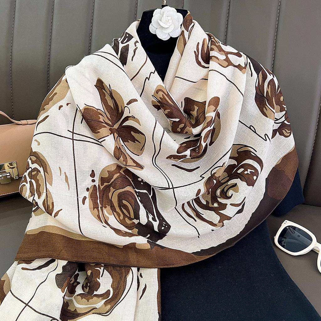 New Korean version of Xiaoxiangfeng camellia cotton and linen scarf, foreign style, fashionable and versatile, autumn and winter neck protection