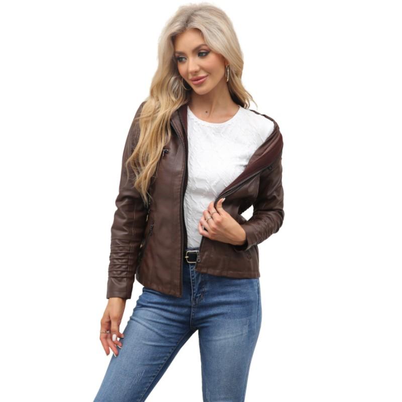 Women Autumn Hooded PU Leather Jacket Long Sleeve Zipper Motorcycle Jacket  Winter Outwear Coats