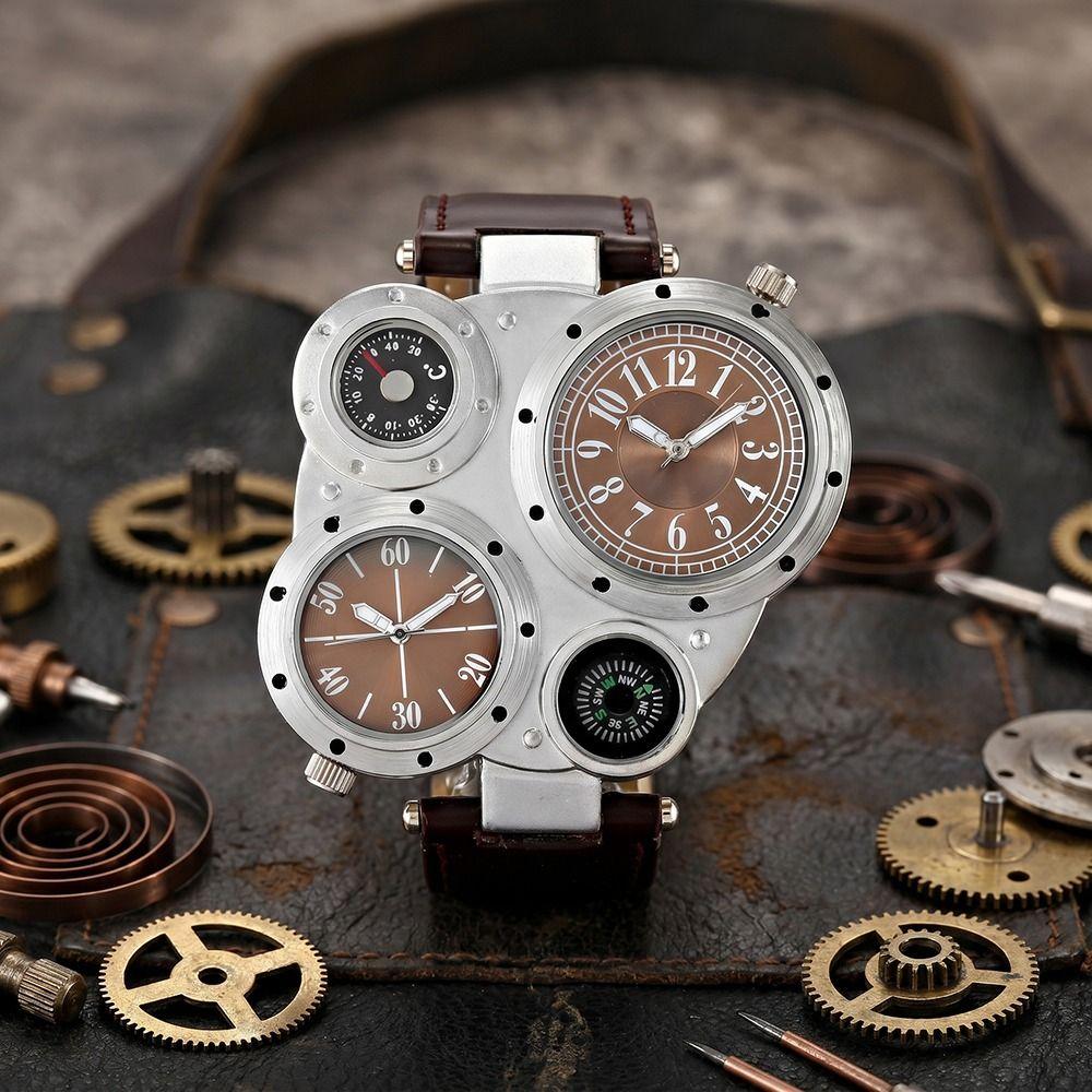 PU Leather Strap Dual Time Zone Watch Leather Strap Quartz Watch Fashion Sport Wristwatch  Men