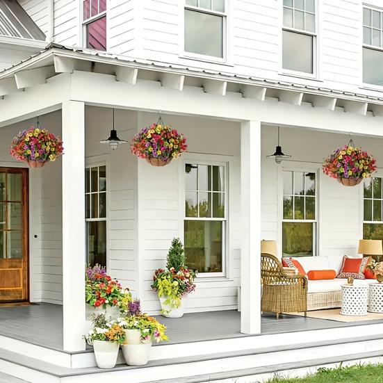 Künstliche Blumen Hängekorb Kunstblumen mit Eukalyptusblättern Hängepflanzer Enthält Blumen für Frühling Sommer Veranda Garten Terrasse