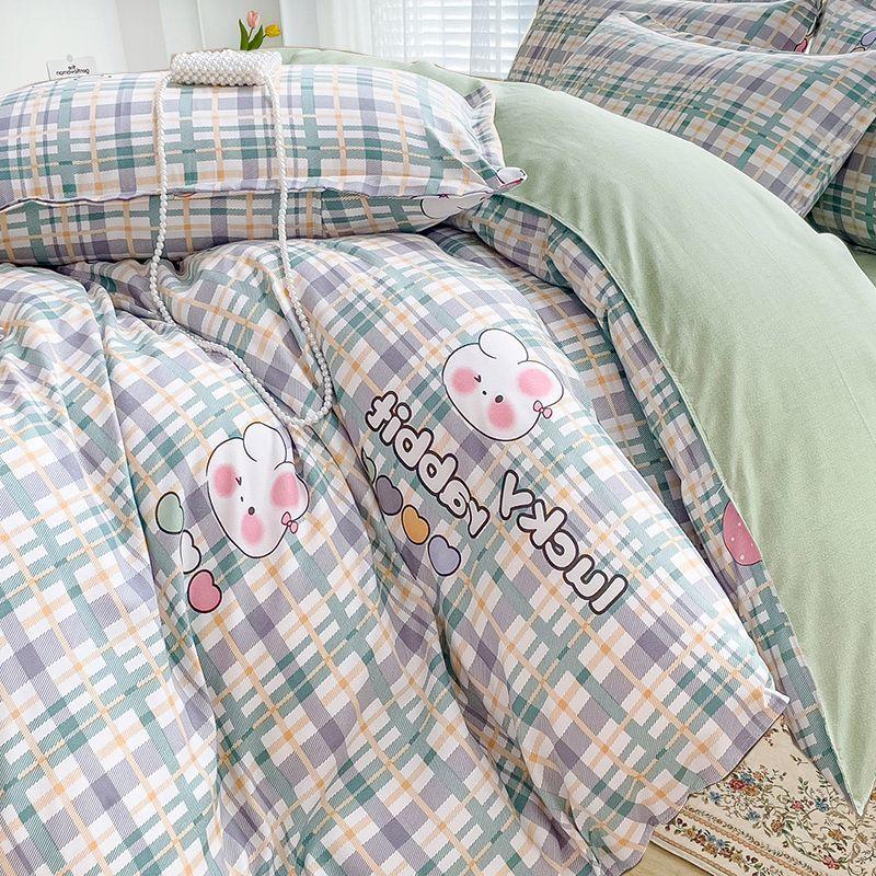 Simple Class A Washed Cotton Four-piece Bedding Set Princess Style Printed Quilt Cover Dormitory Bed Sheet Three-piece Quilt Cover