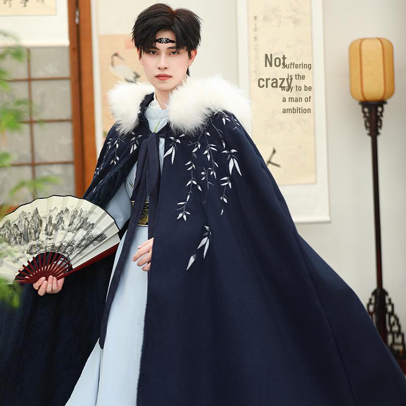 

Мужской плащ-ханьфу свободного покроя из двухслойной шерсти со съемным меховым воротником — утолщенный и теплый для зимы One Size