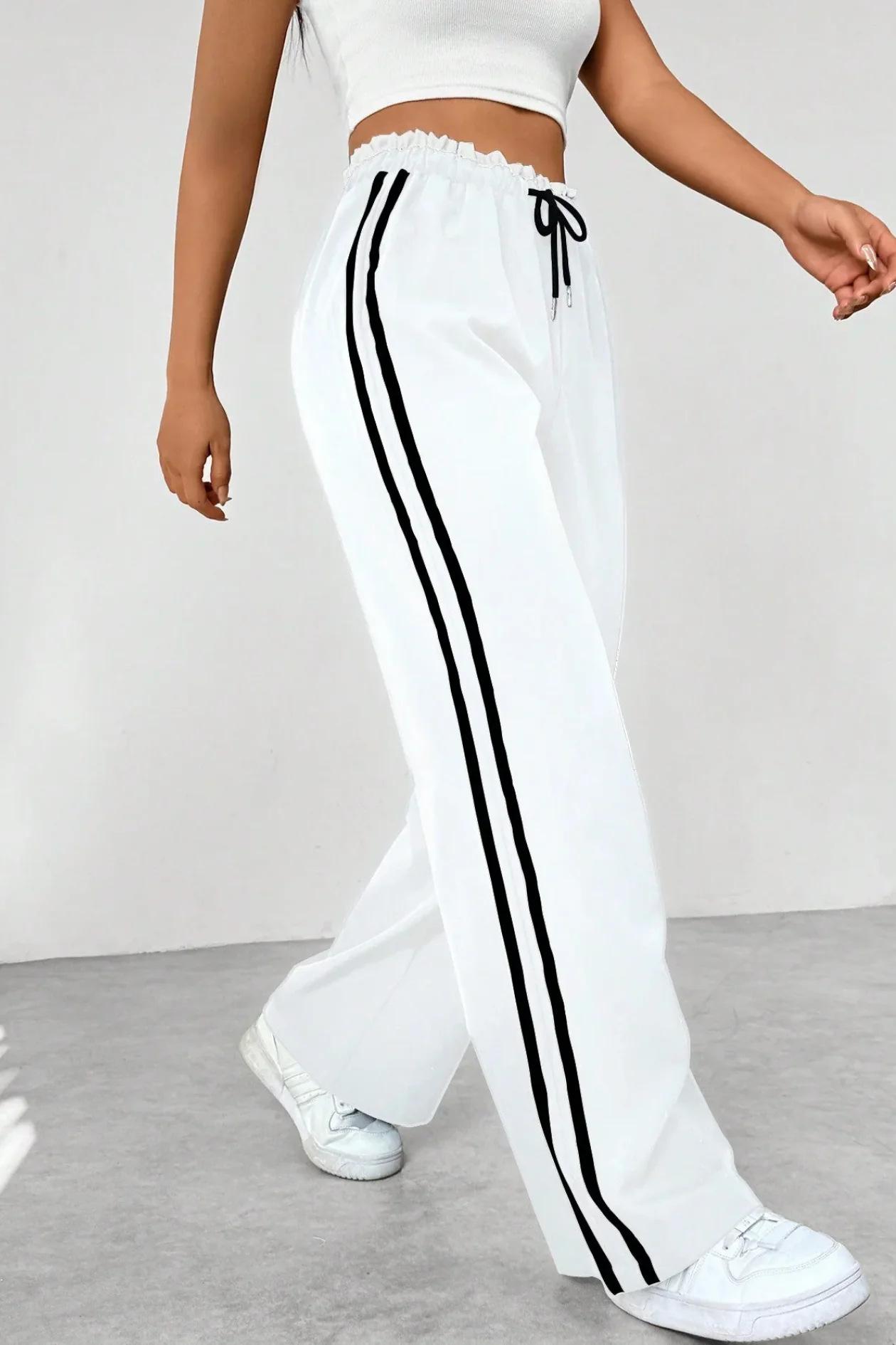 Spring and autumn sweatpants, women s new sweatpants, side striped slacks, high-waisted slimming wide-leg pants, women s women S белый