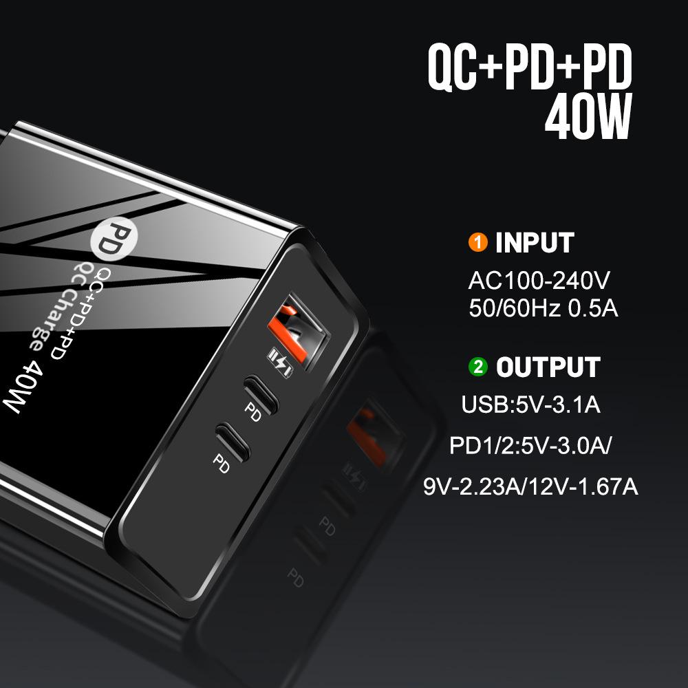 2.4A Dual USB & PD Type-C EU/US LED Travel Charger for Mobile Phones