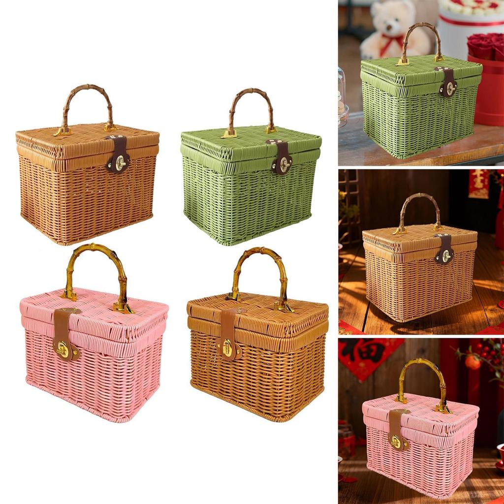 Handwoven Storage Basket with Lid Treasure Box Empty Gift Basket Display Suitcase for Party