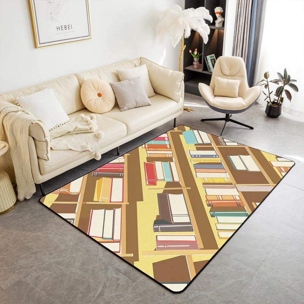 Bookshelf Area Rug for Teen Study Room Decor Library Book Print Carpet Vintage Bookshelf Living Room Doormat Bookcase Floor Mat