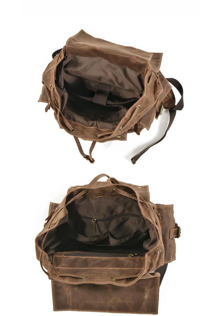 European Retro Double Shoulder Backpack - Waxed Canvas & Genuine Leather for Travel, Outdoor, and Casual Use