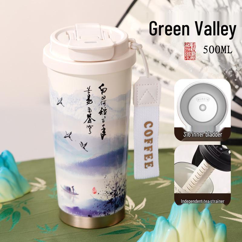 Chinese Ink Wash Portable Thermos: 316 Stainless Steel with Ceramic Liner, Double Lid for Coffee & Water