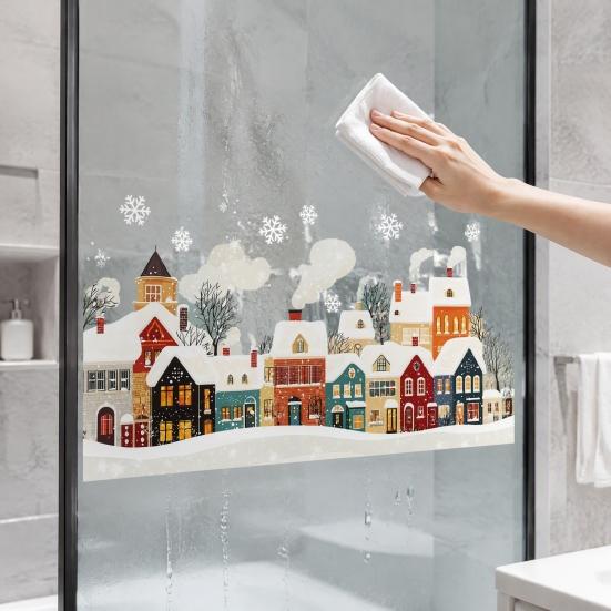Easy Peel Glass Stickers Christmas Static Window Clings, Snow Town Snowflake Decals, Winter Village for Home Holiday Decor Decoration Seasonal Film