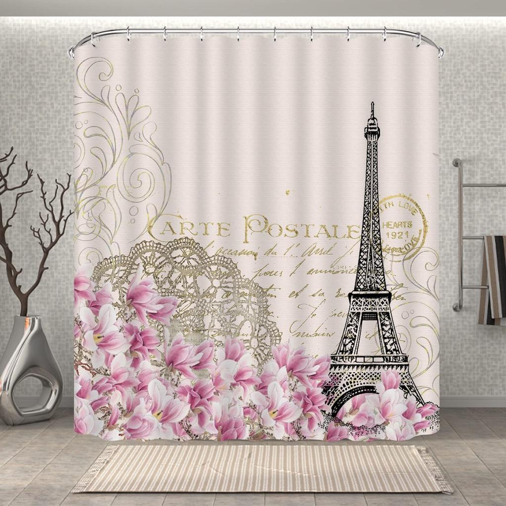 Purple Rose Shower Curtain Retro Floral Shower Curtains Waterproof Gold Classical Chic Elegant Flowers Vintage Bathroom Curtains