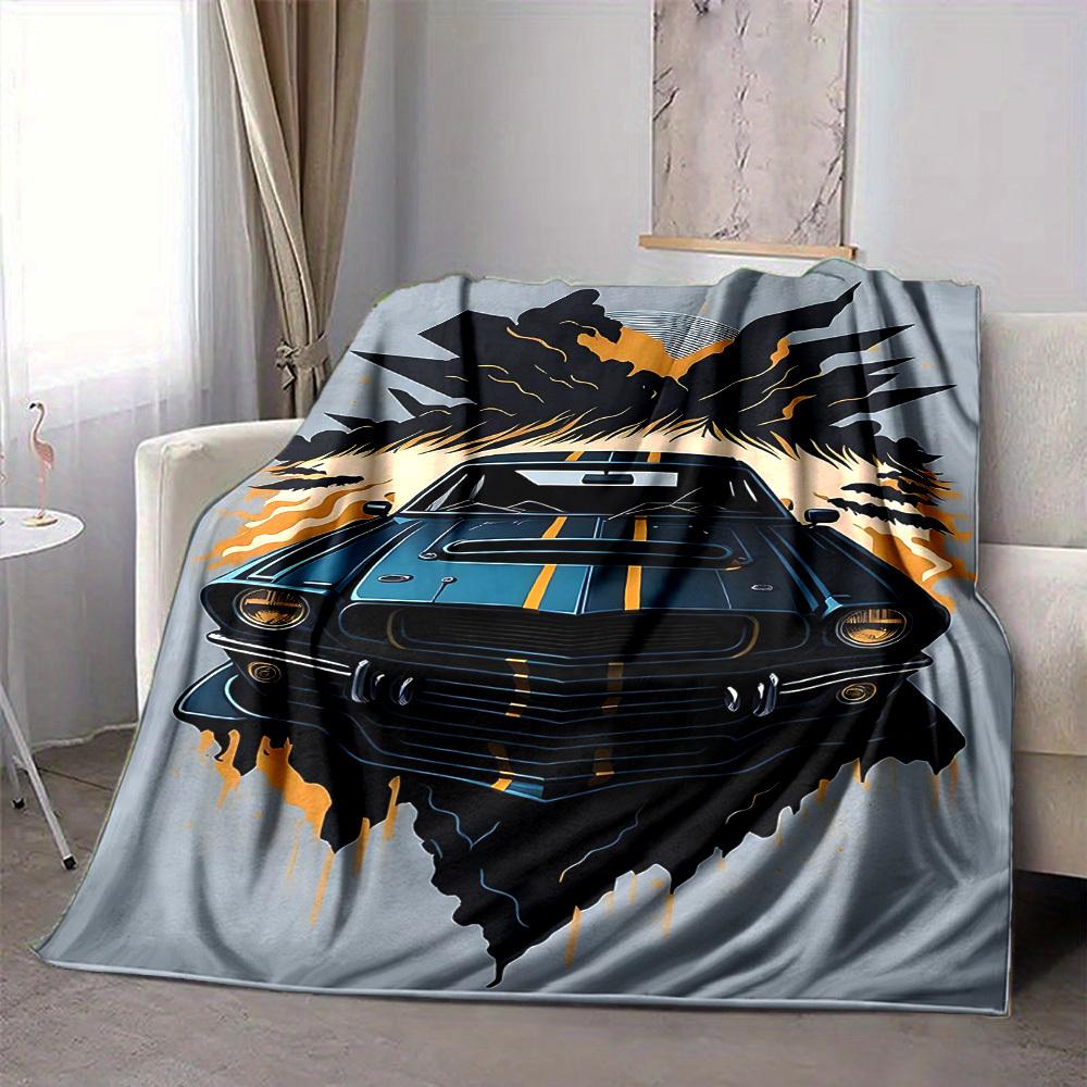 1pc Muscle Car Racing Lightweight Flannel Blanket, Comfortable and Warm Blanket, for Office and Camping Sofa Bed, Livingroom095