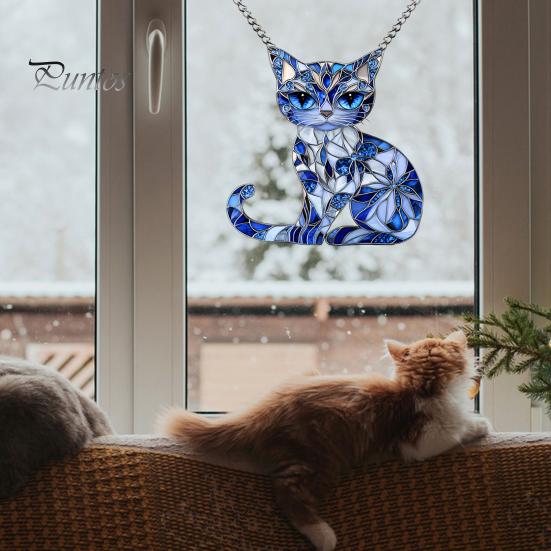 Cat Acrylic Sun Catcher Window Hanging Ornament Blue Cat Sun Catcher with Chain Wall Art Decor Gift for Friends And Family