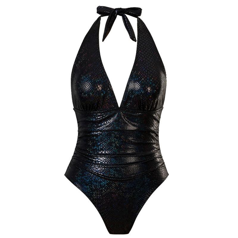 Costume da bagno intero con scollo all'americana, scollo a V profondo, stampa serpente, metallico, controllo pancia, sgambato