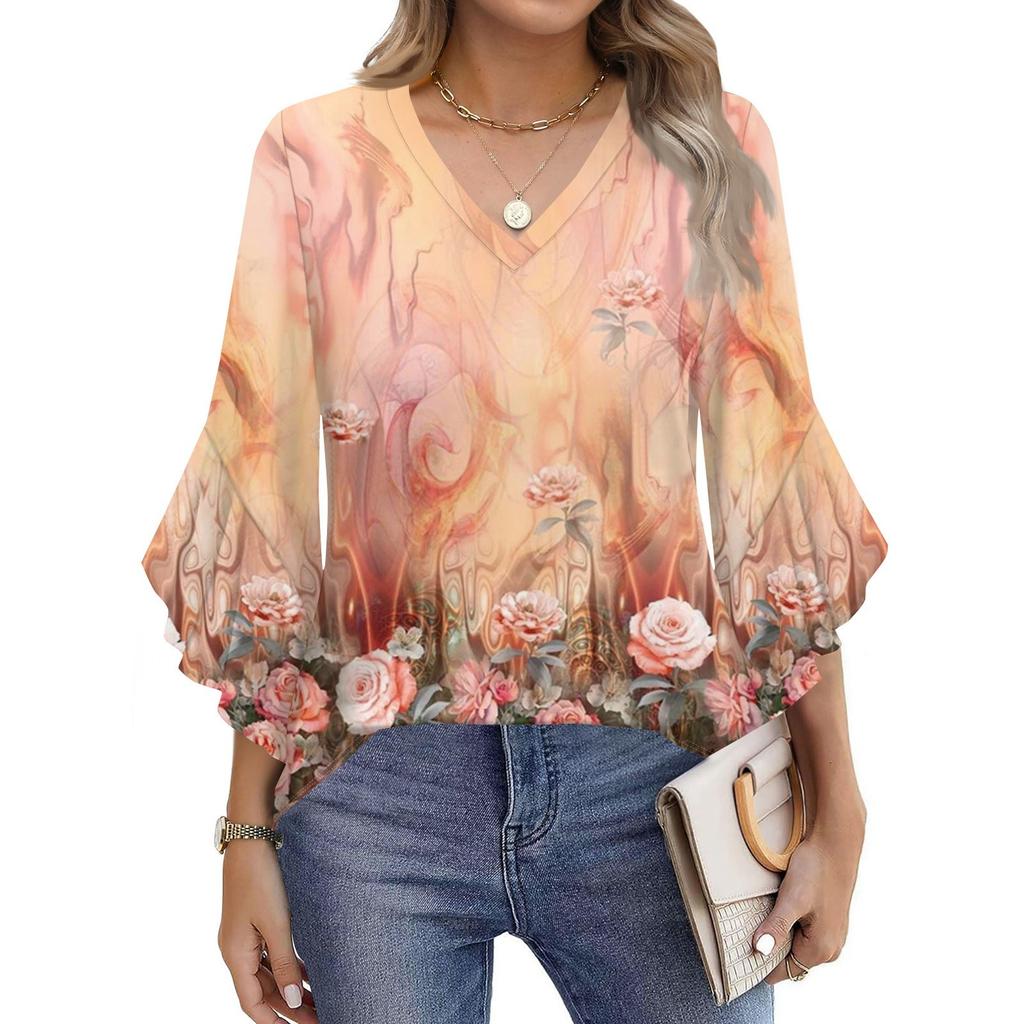 Women's Fashion Casual Seven-minute Sleeve Vintage Floral Print Top V-neck T-shirt Flared Sleeve Shirt