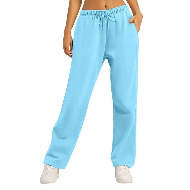 Women's Mid Waist Straight Sweatpants Loose Fit Drawstring Casual Wide Leg Trousers With Side Pockets