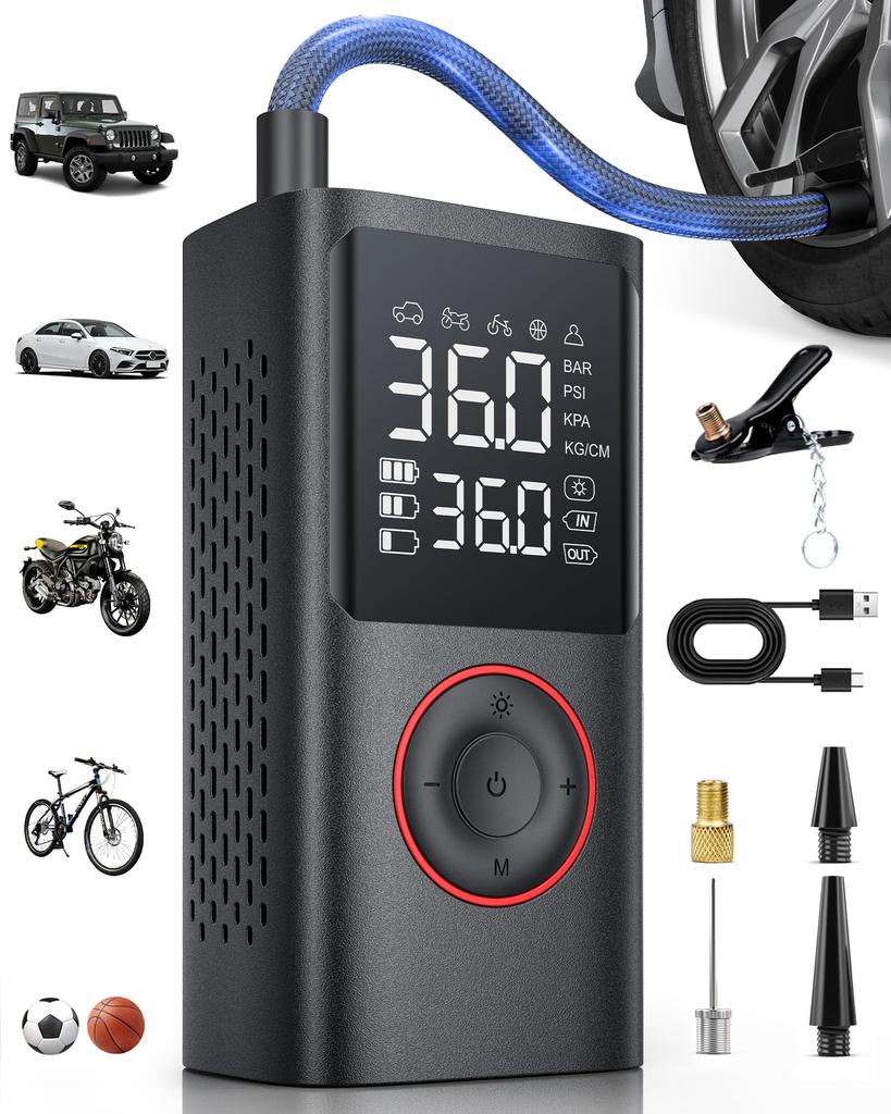 Powools Portable Electric Bicycle with 150 PSI Digital Pressure and LED X X Pump/Compressor Capacity, Gauge, Auto-Shutoff, Light, 8.89 4.75 13.75cm
