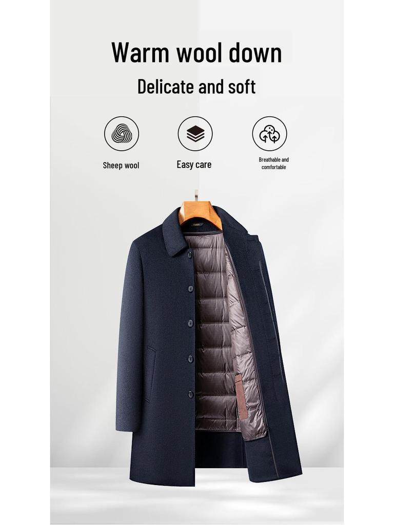 New Men's Lapel Wool Coat with Detachable Duck Down Liner - Business Casual, Autumn & Winter