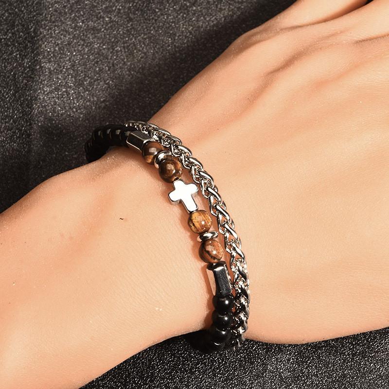 Mens Stainless Steel Beaded Bracelet With Lion Head Cross For Gift Giving