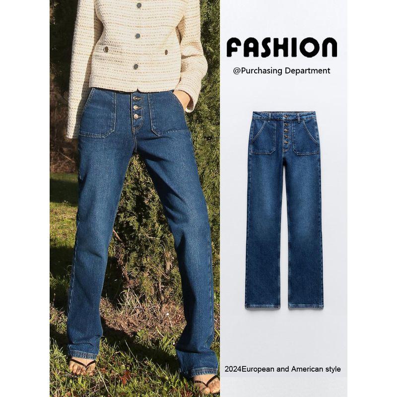 Za2024 Spring New Women's Clothing Button Decoration Straight-Leg Trousers High Waist Speaker Denim 6164076 407