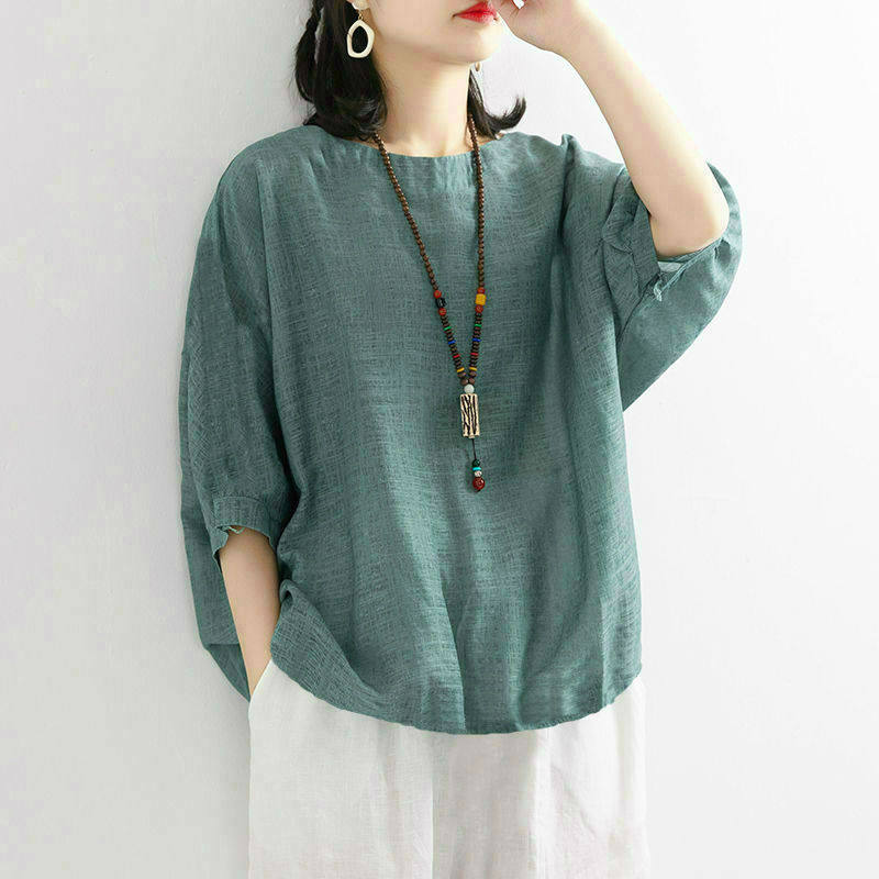 Lato 2025 nowa damska luźna bawełniano-lniana koszulka z krótkim rękawem w jednolitym kolorze, koszulka z krótkim rękawem dla kobiet