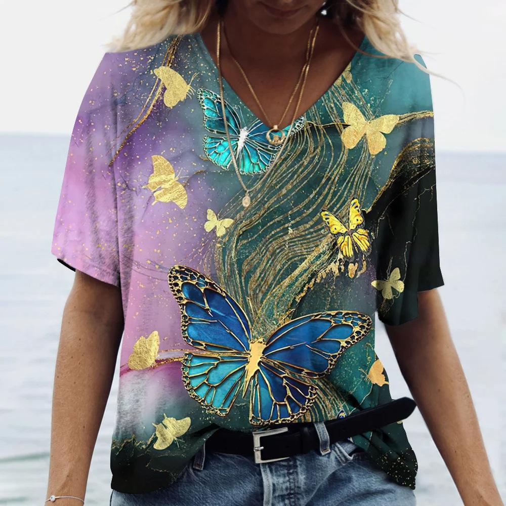 

Ladies V-neck T-shirt 3D Printed Butterfly Pattern Trendy Printed Short Sleeved T-shirt 5XL