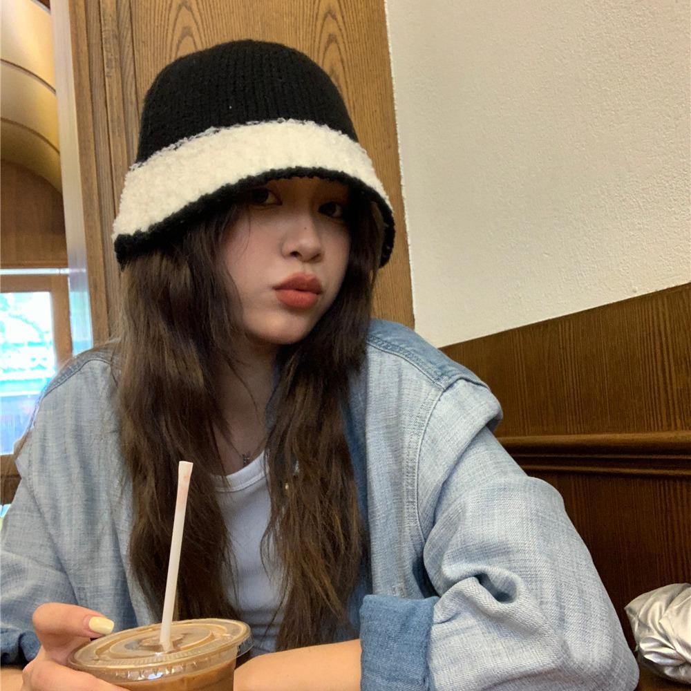 Knitted bucket hat women's autumn and winter new plush warm face small bucket hat fashion niche face cover basin hat