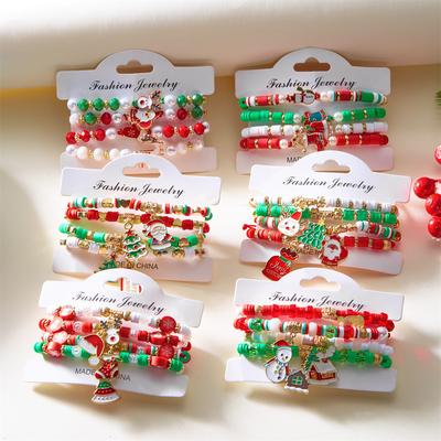 Merry Christmas Tree Santa Claus Bracelet For Women Xmas Deer Crystal Polymer Clay Beads Woven Bracelet New Year Jewelry