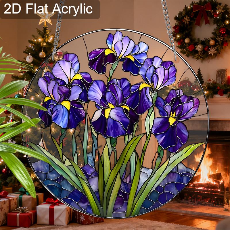 Acrylic Purple Iris Flowers Suncatcher, Stained Glass Effect Window Hanging Ornament for Garden & Flower Lover Gifts