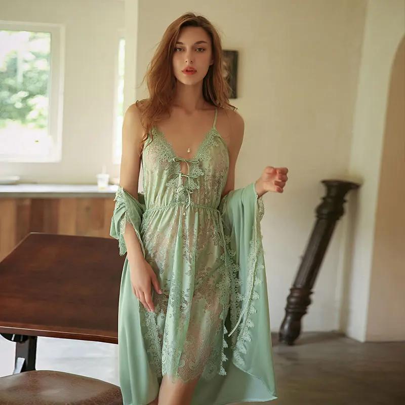 Sexy Spitzenkleid für Damen, Sommer, süße Spitze, einfarbig, Pyjama, rückenfreier Hosenträgerrock, Bademantel, Heimanzug, Nachthemd
