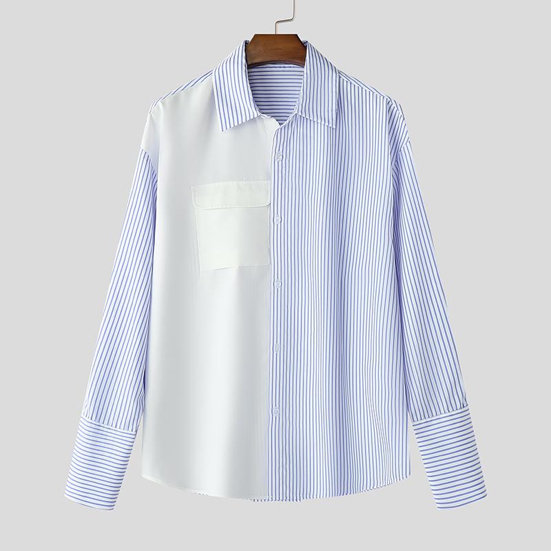 

INCERUN Весенние полосатые рубашки мужские с лацканами, с длинным рукавом, в стиле пэчворк, повседневные топы S синий