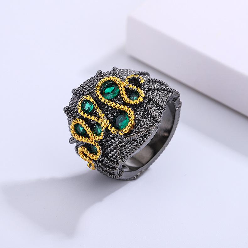 Fashion Simulation Color Treasure 925 Vintage Black Gold Sparkly Diamond Lady Ring Party Birthday Bride Gift