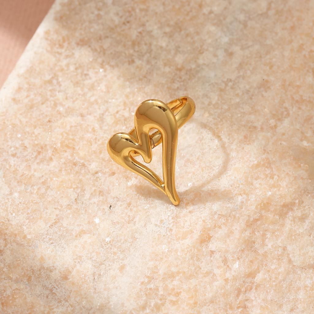 Golden Plated Abstract Cutout Heart Open Adjustable Ring for Women Modern Statement Jewelry Gift