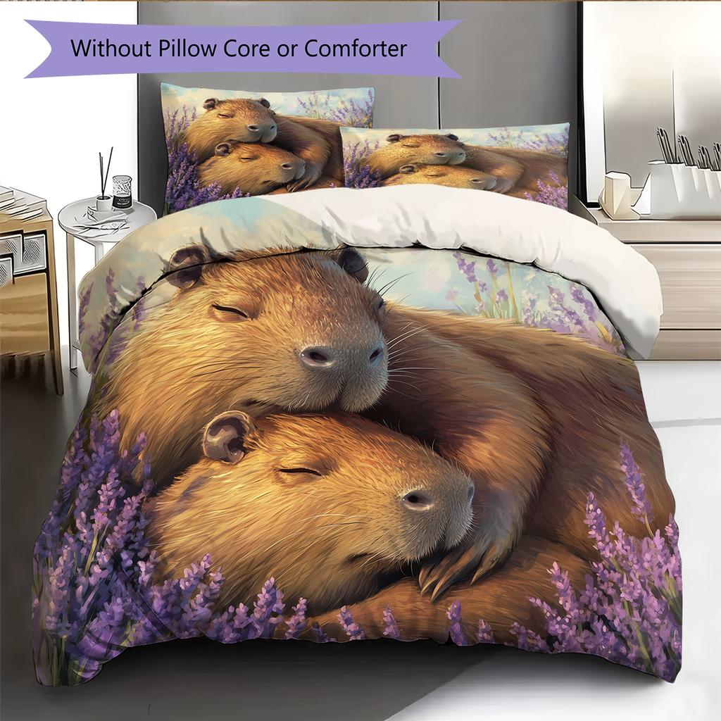 Capybara und Grasland Muster Bettwäsche Heimdekoration Geburtstagsgeschenk (1 Bettbezug + 2 Kissenbezüge, ohne Füllung)