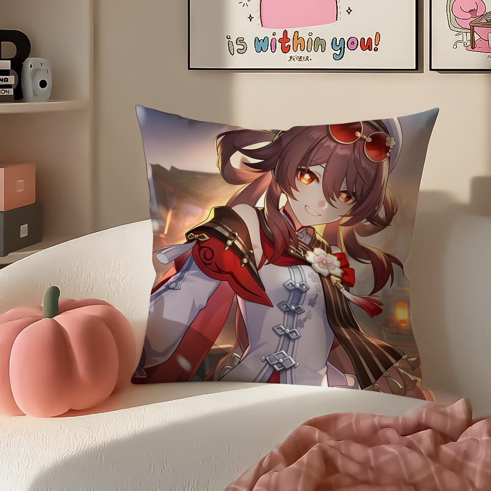Game Genshin Hu Tao Cushion Cover Pillowcase Short Plush Invisible zipper Room Sofa Cushion Cover