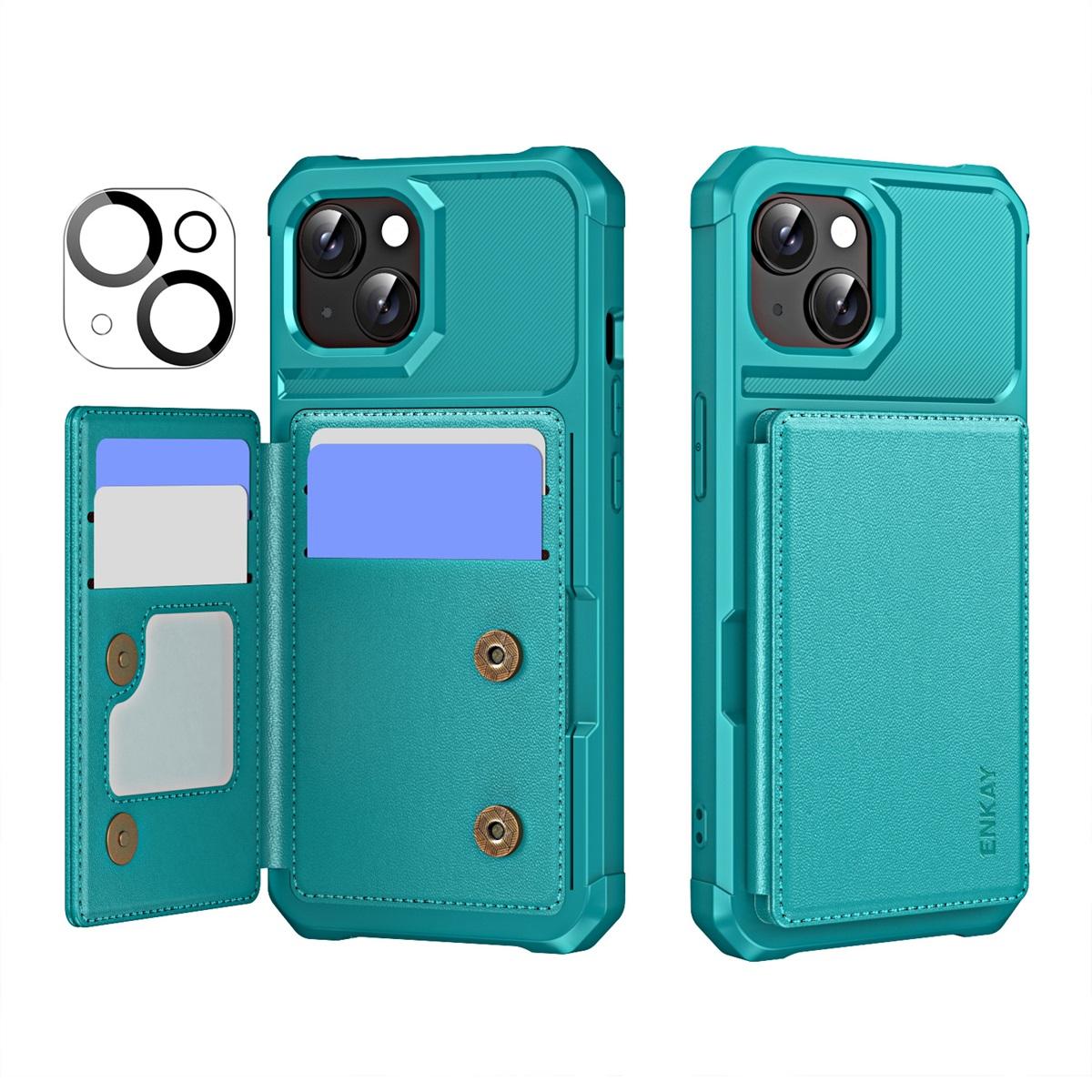 

For iPhone 14 Plus ENKAY Hat-Prince Wallet Card Slot Kickstand PU Leather +TPU Back Phone Cover with Camera Lens Film Cyan